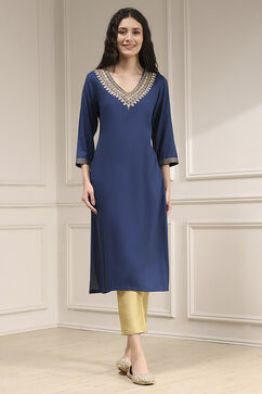 Blue Solid Straight Kurta image number 5