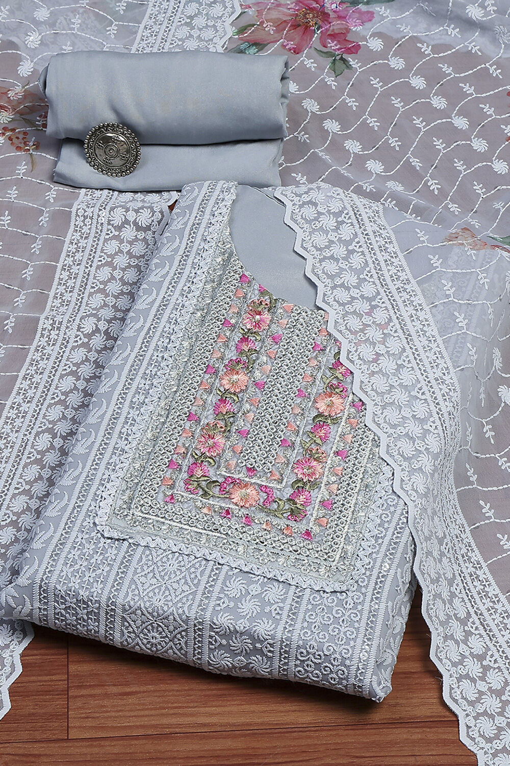 Pch Cotton Schiffly Unstitched Suit Set image number 0