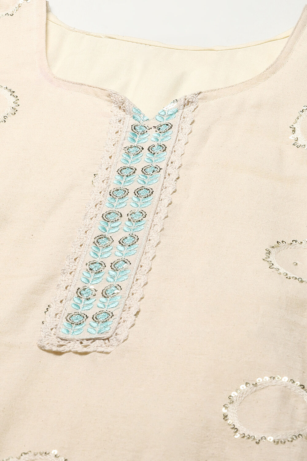 Off White Cotton Schiffly Unstitched Suit Set image number 2