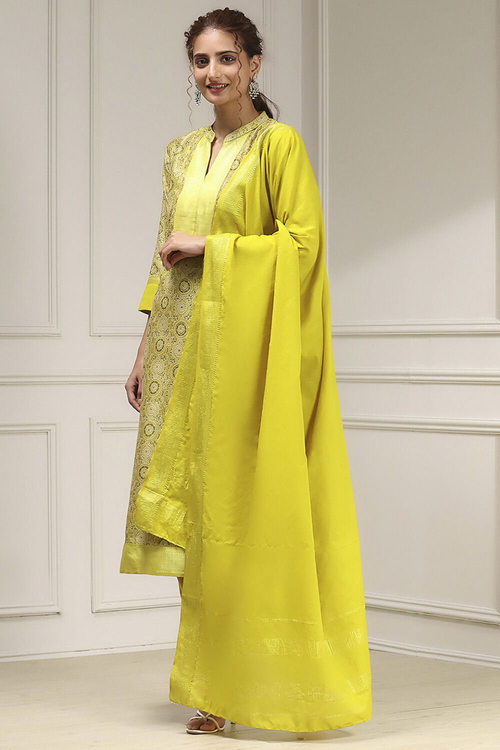 Yellow Cotton Digital Print Unstitched Suit Set image number 4