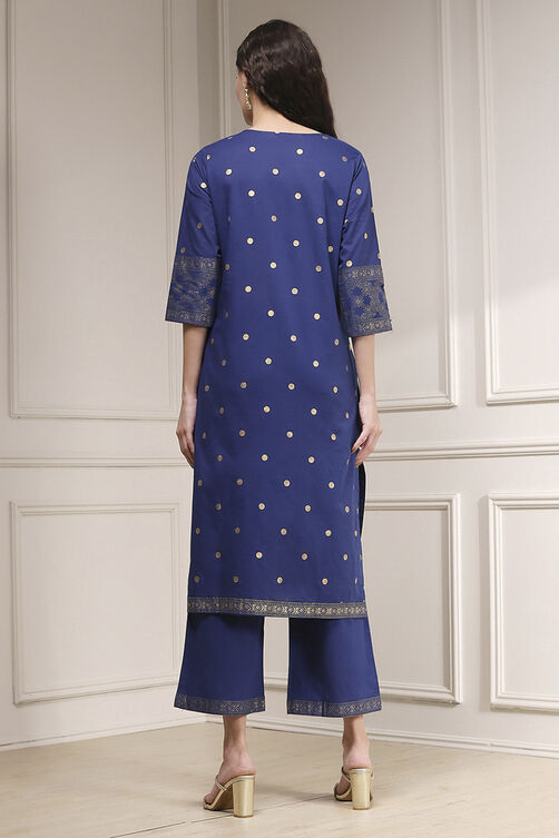 Blue Cotton Printed Straight Suit Set image number 4
