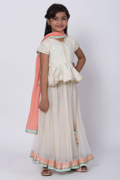 Off White Metallic Print Lehenga Set image number 3