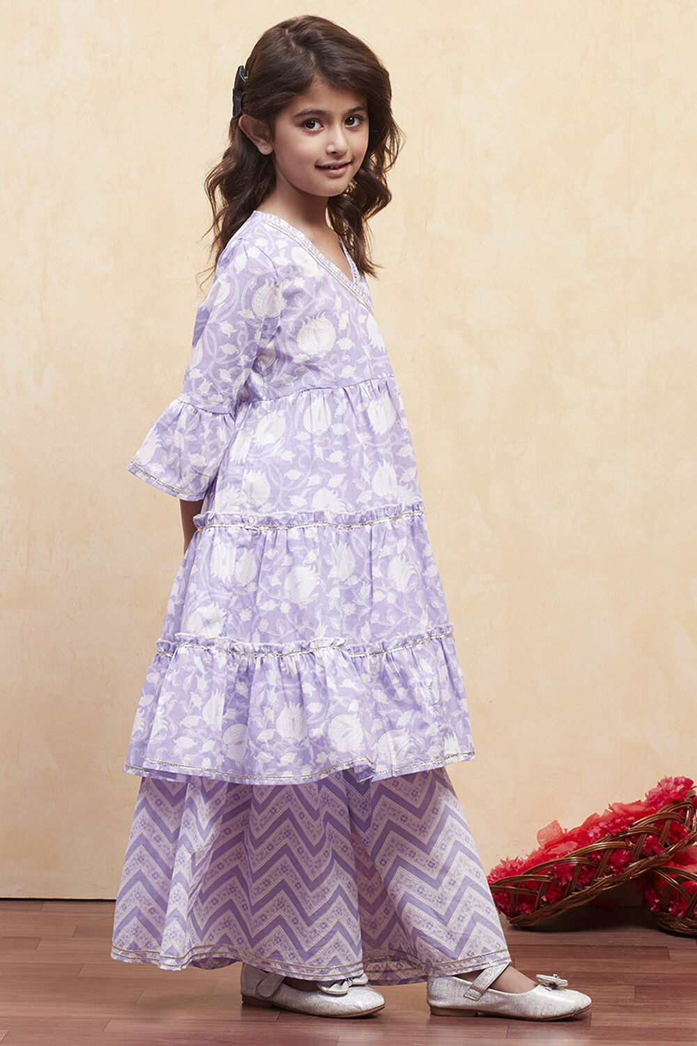 Lilac Cotton Angrakha Tiered Kurta Set image number 5