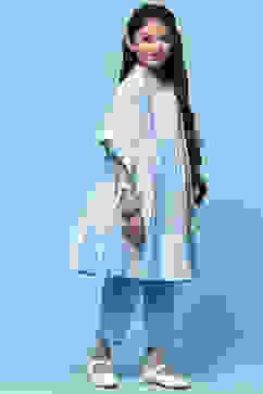 Blue Printed Cotton Kurta With Pants & Printed Scarf.  image number 6