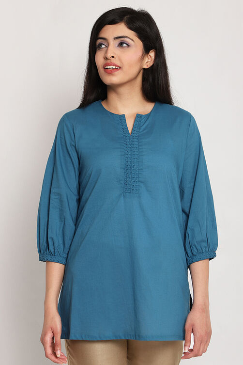 Sky Blue Cotton Short Solid Kurti image number 2