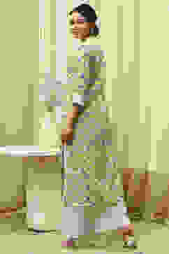 Lime Green Cotton Hand Block Print Unstitched Suit Set image number 5