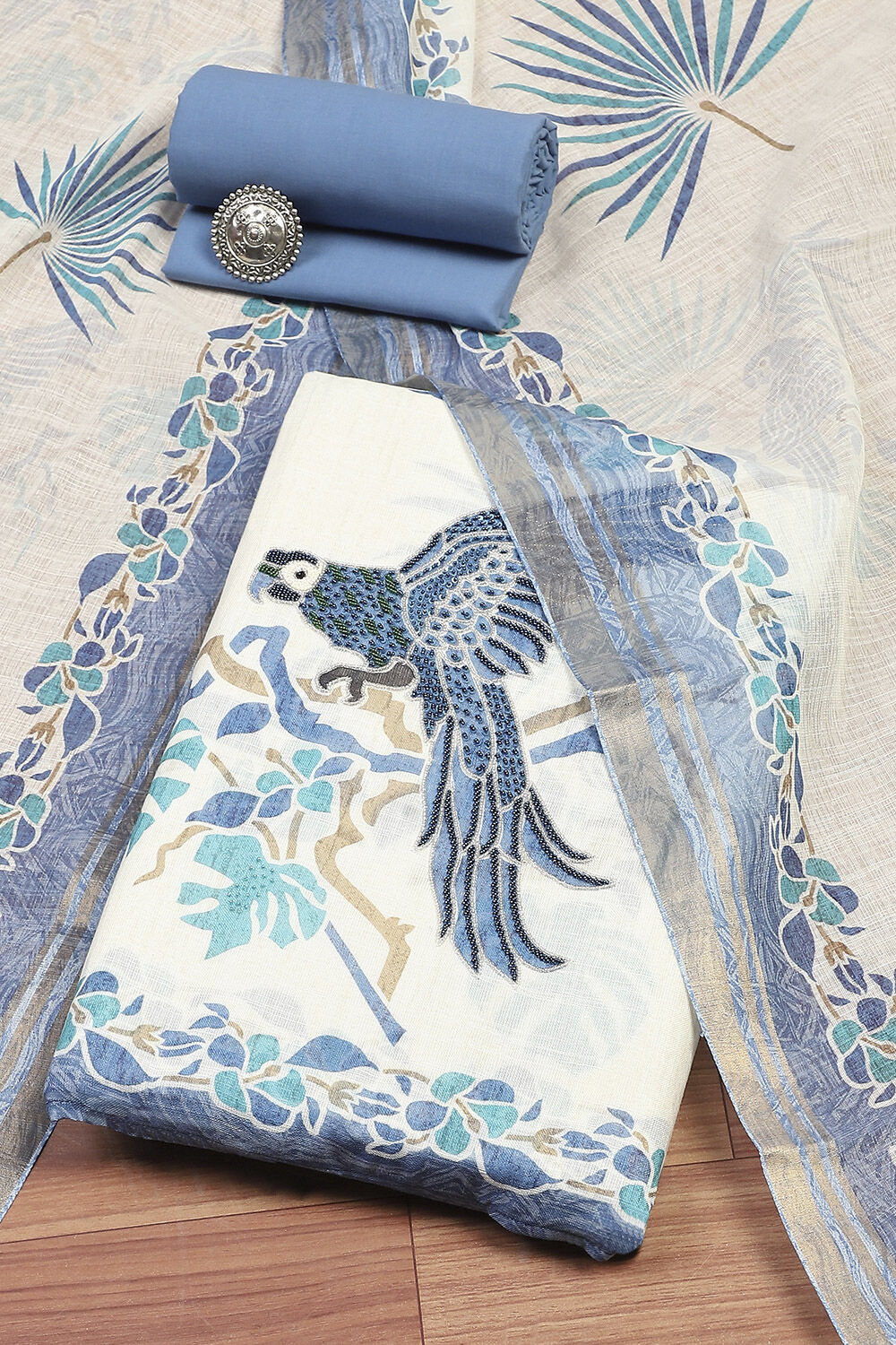 Blue Linen Unstitched Suit Set image number 0