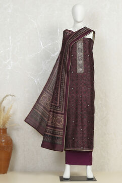 Wine Silk Blend Hand Embroidered Unstitched Suit Set image number 4