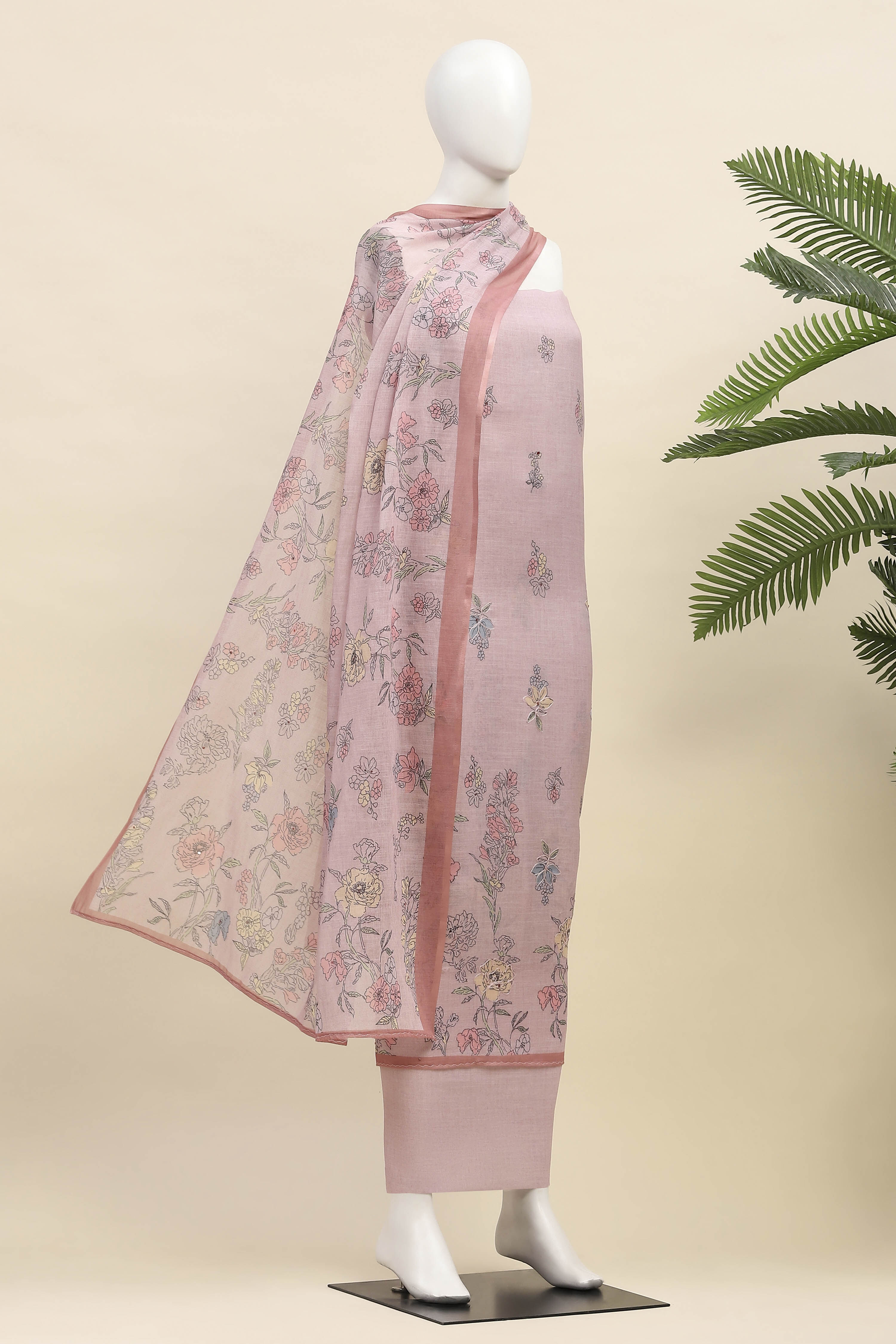 Pink Linen Unstitched Suit Set image number 4