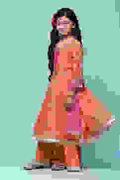 Orange Cotton Gathered Printed Suit Set image number 5