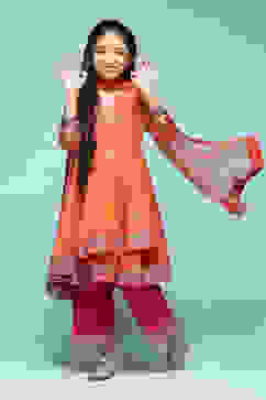 Orange Polyester Front Open Printed Suit Set image number 0