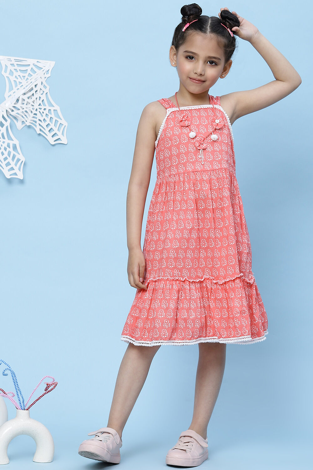 Pink Cotton A-Line Printed Dress image number 5