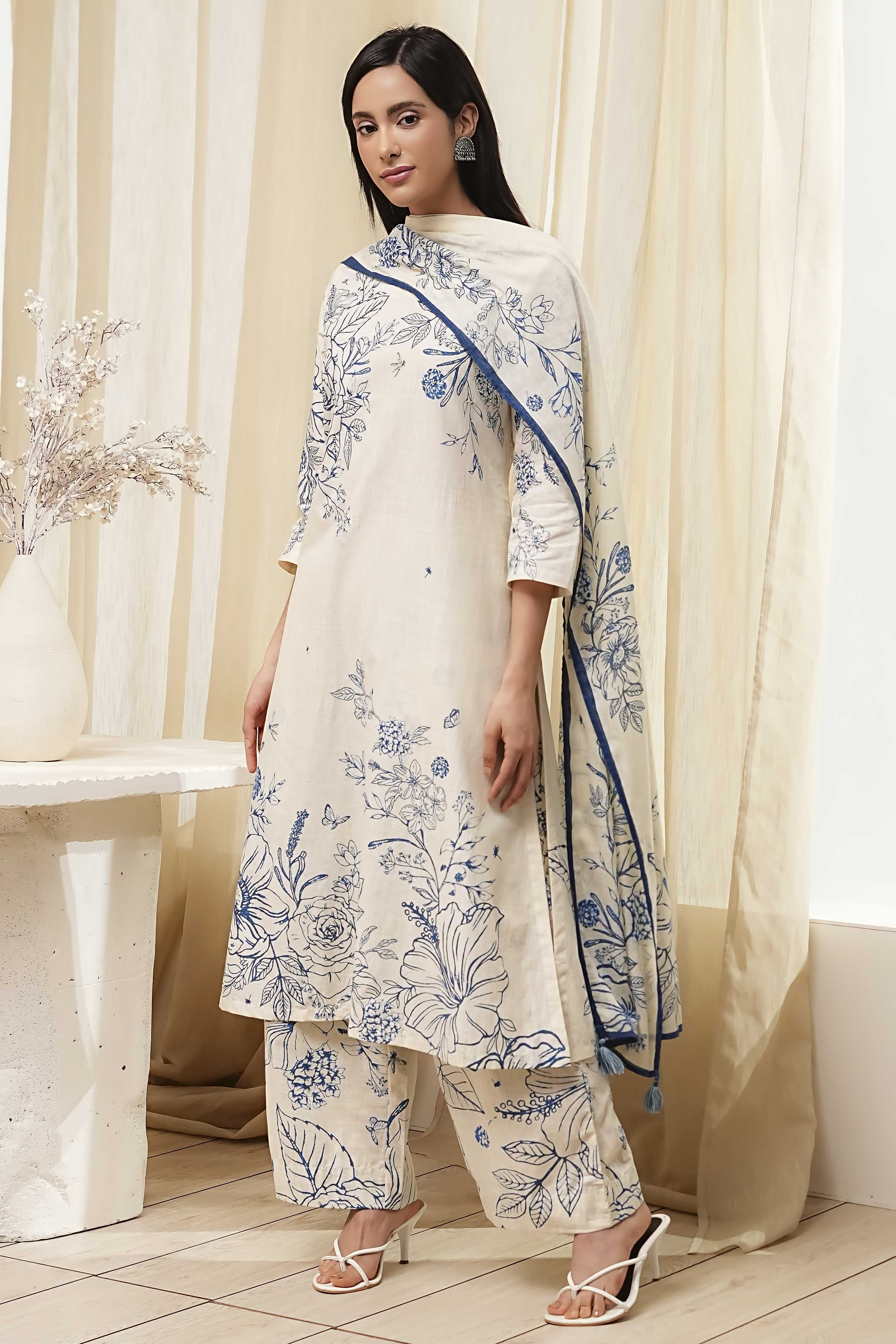 Off-White and Blue Cotton Straight Suit Set image number 3