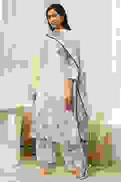 Off-White and Blue Cotton Straight Suit Set image number 3