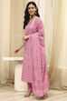 Pink Cotton Screen Print Unstitched Suit Set image number 4