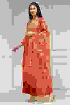 Red Chanderi Machine Embroidered Unstitched Suit Set image number 4