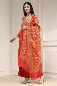 Red Chanderi Machine Embroidered Unstitched Suit Set image number 4