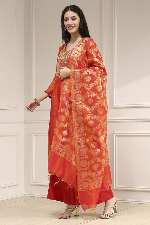 Red Chanderi Machine Embroidered Unstitched Suit Set image number 4