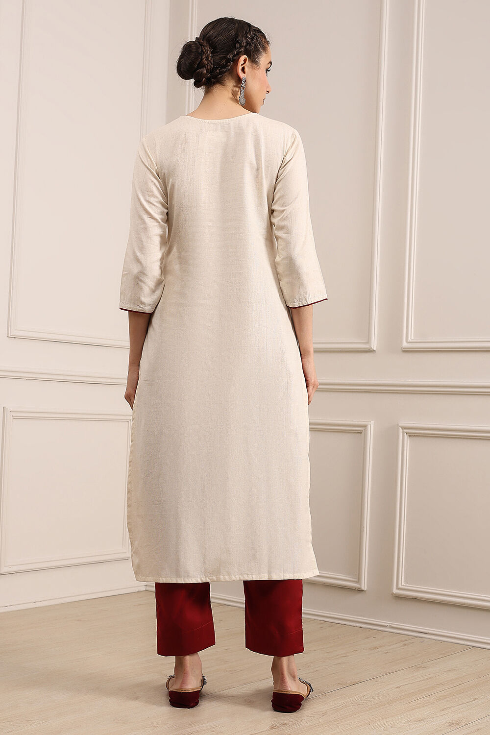 Beige Cotton Machine Embroidered Unstitched Suit Set image number 4