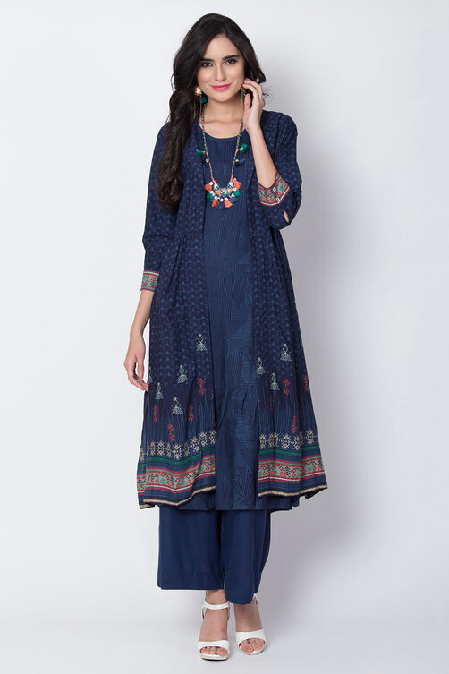 Indigo Viscose Front Open Printed Kurta image number 0