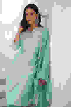 Aqua Yard-Dyed Chanderi Kurta & Pants Suit Set image number 7