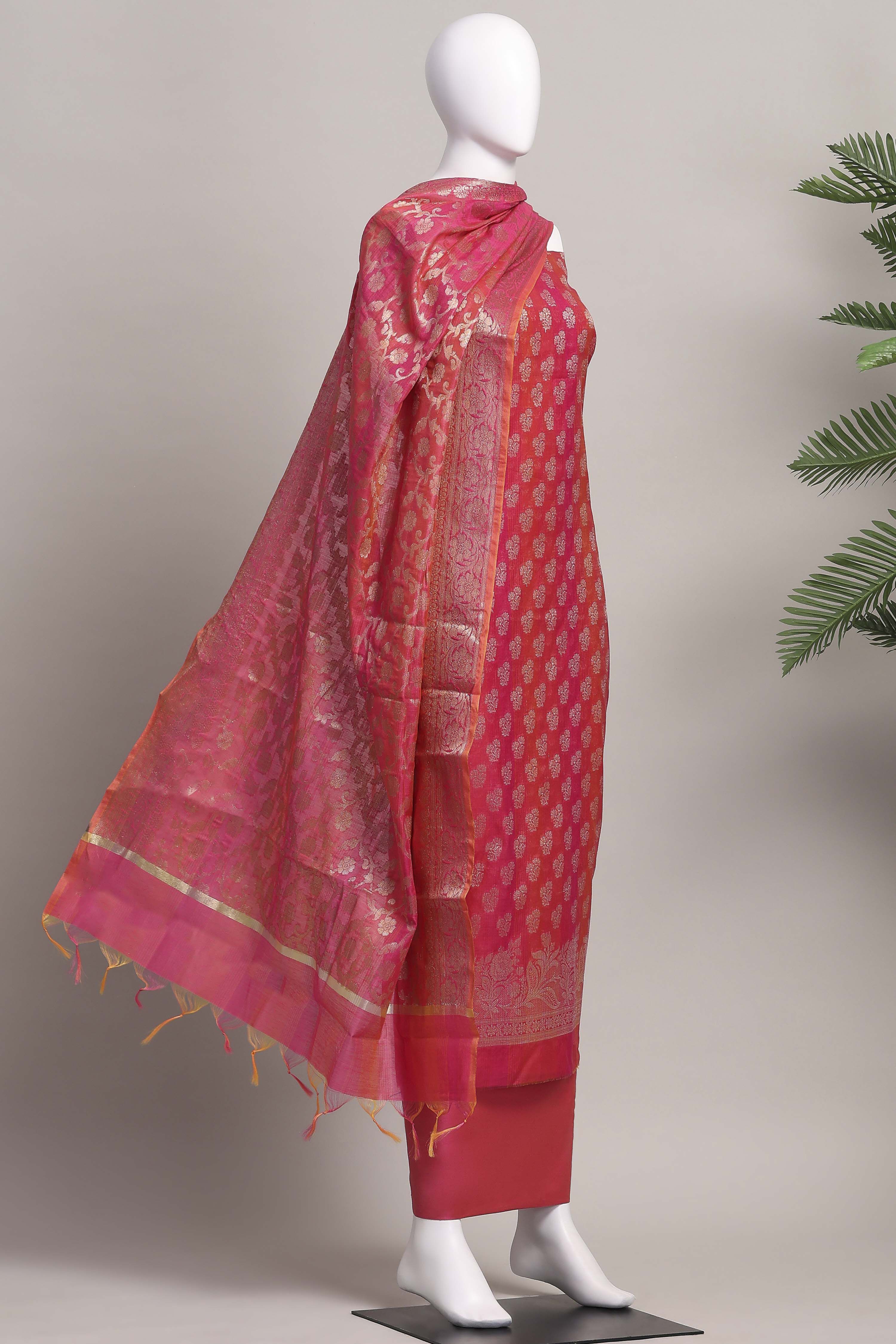 Pink Banarasi Chanderi Banarasi Print Unstitched Suit Set image number 4