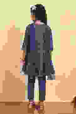 Blue Cotton Tiered Printed Kurta Churidar Set image number 4