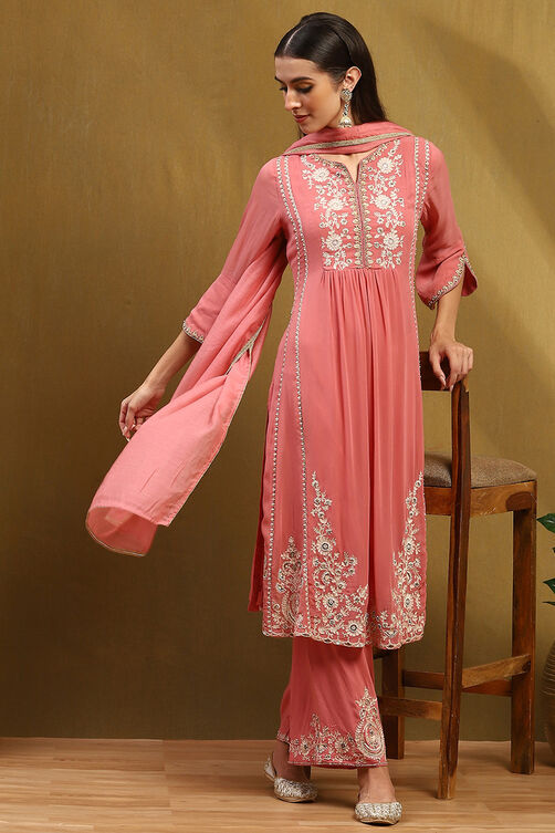 Pink Silk Chanderi Floral Embroidered Gathered Suit Set image number 0