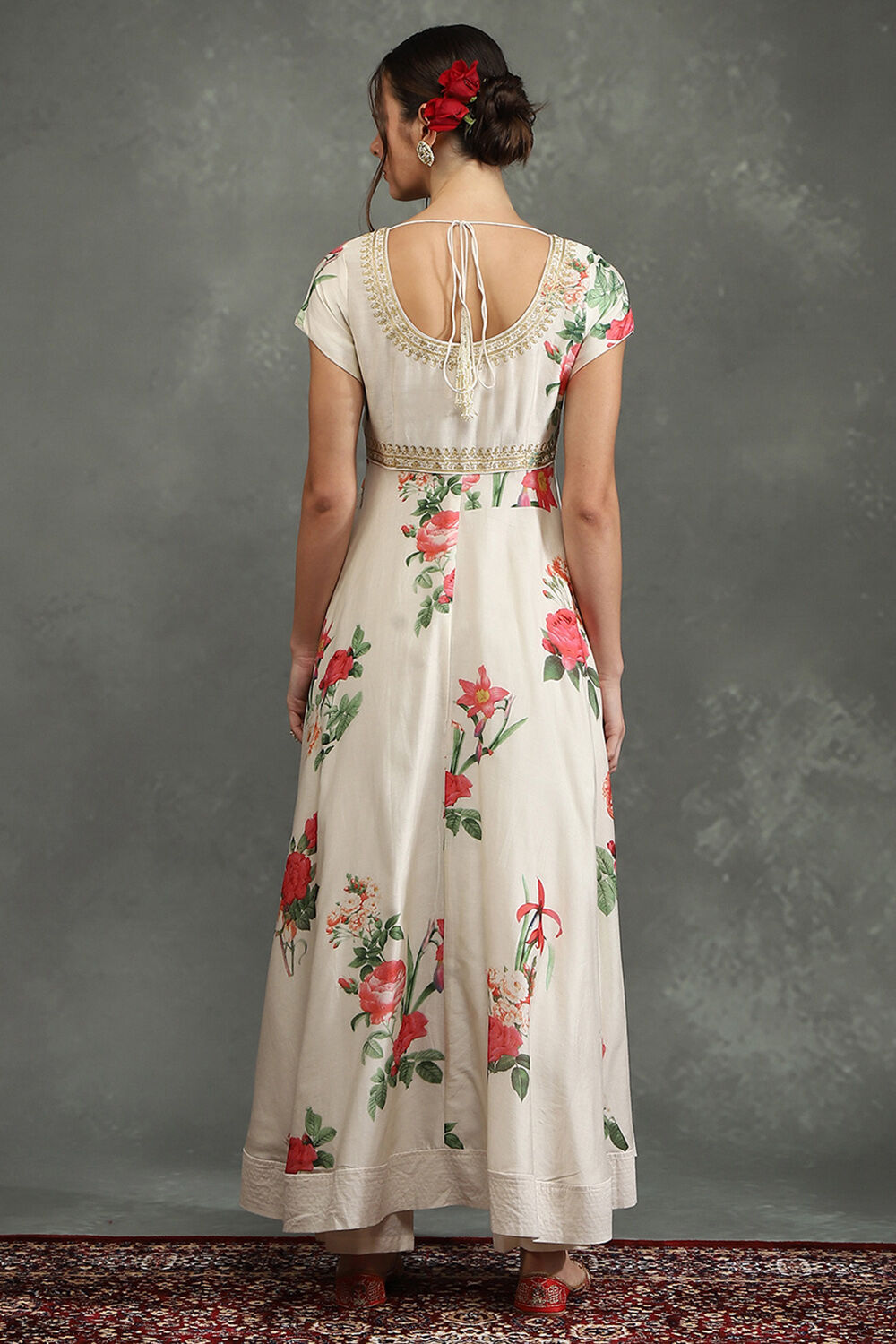 Cream-Colored Silk Chanderi Floral Printed Anarkali Suit Set image number 4