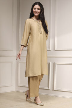 Beige Polyester Blend Straight Solid Kurta image number 4
