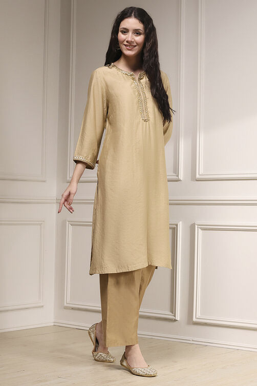 Beige Polyester Blend Straight Solid Kurta image number 4