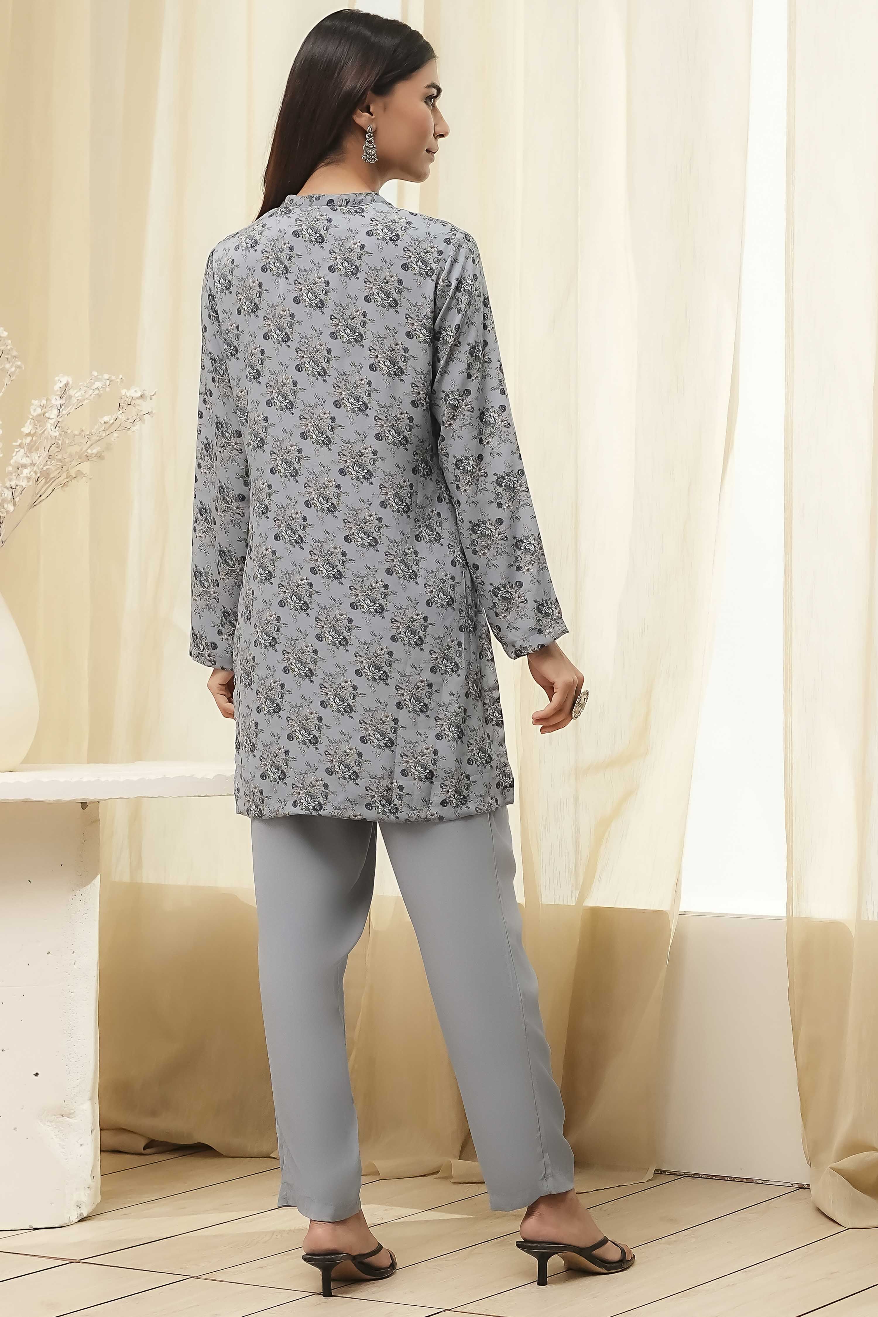 Grey Art Silk Straight Suit Set image number 4