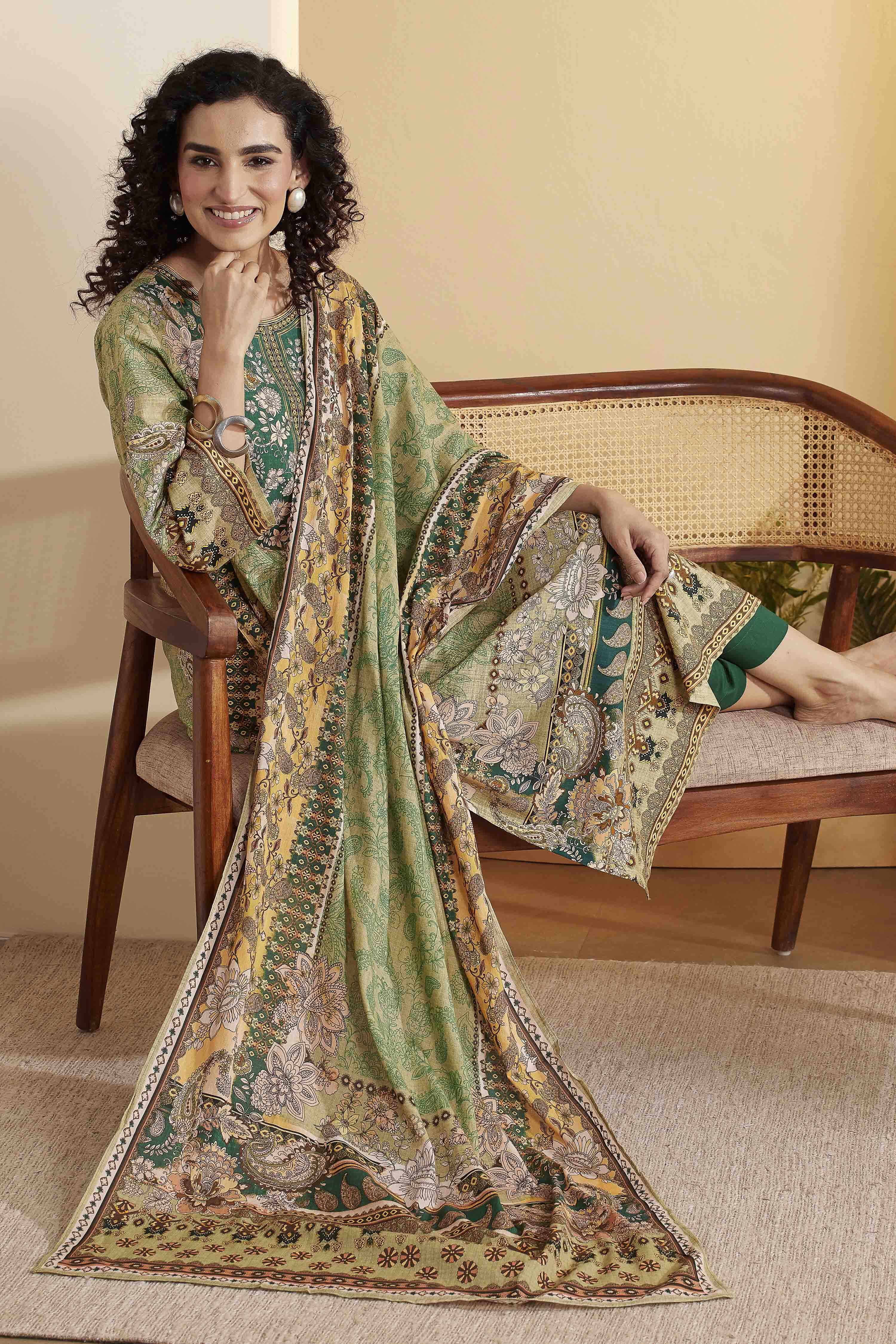 Green Cotton Printed Straight Kurta Set image number 0