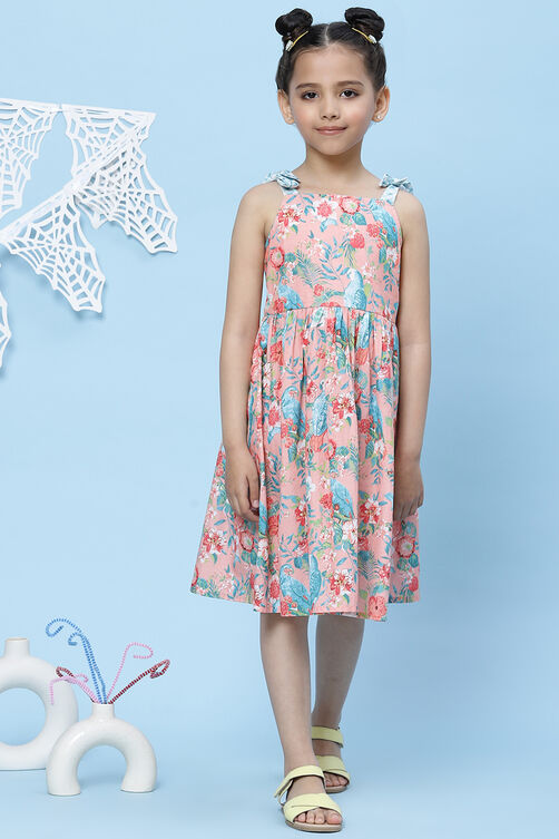 Peach Cotton A-Line Printed Dress image number 0