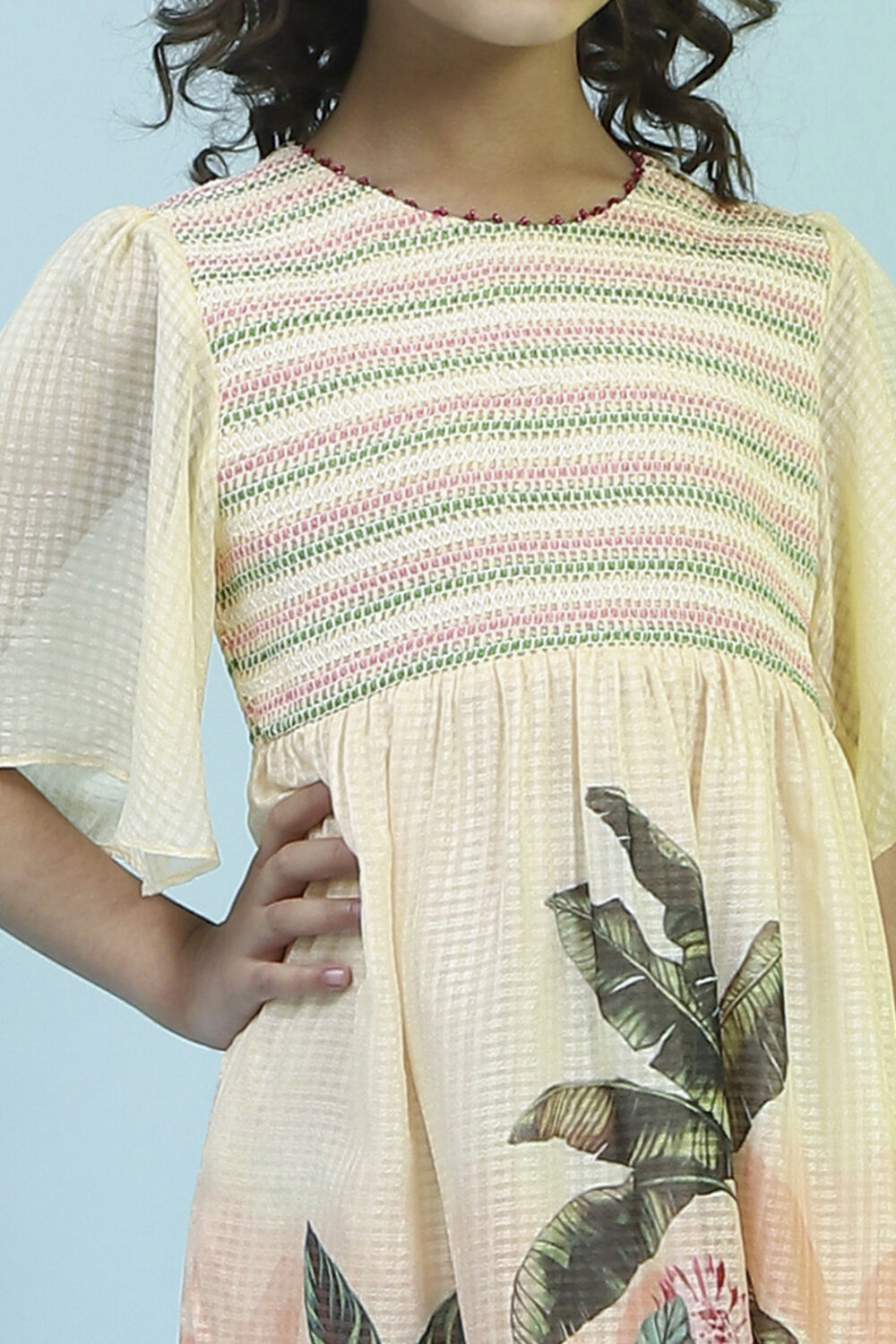 Beige Printed Gathered Dress image number 1