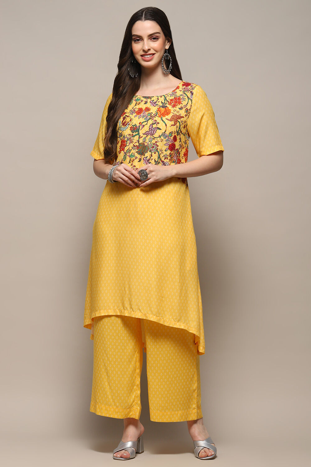 Yellow Rayon flax Asymmetric Kurta Palazzo Suit Set image number 6