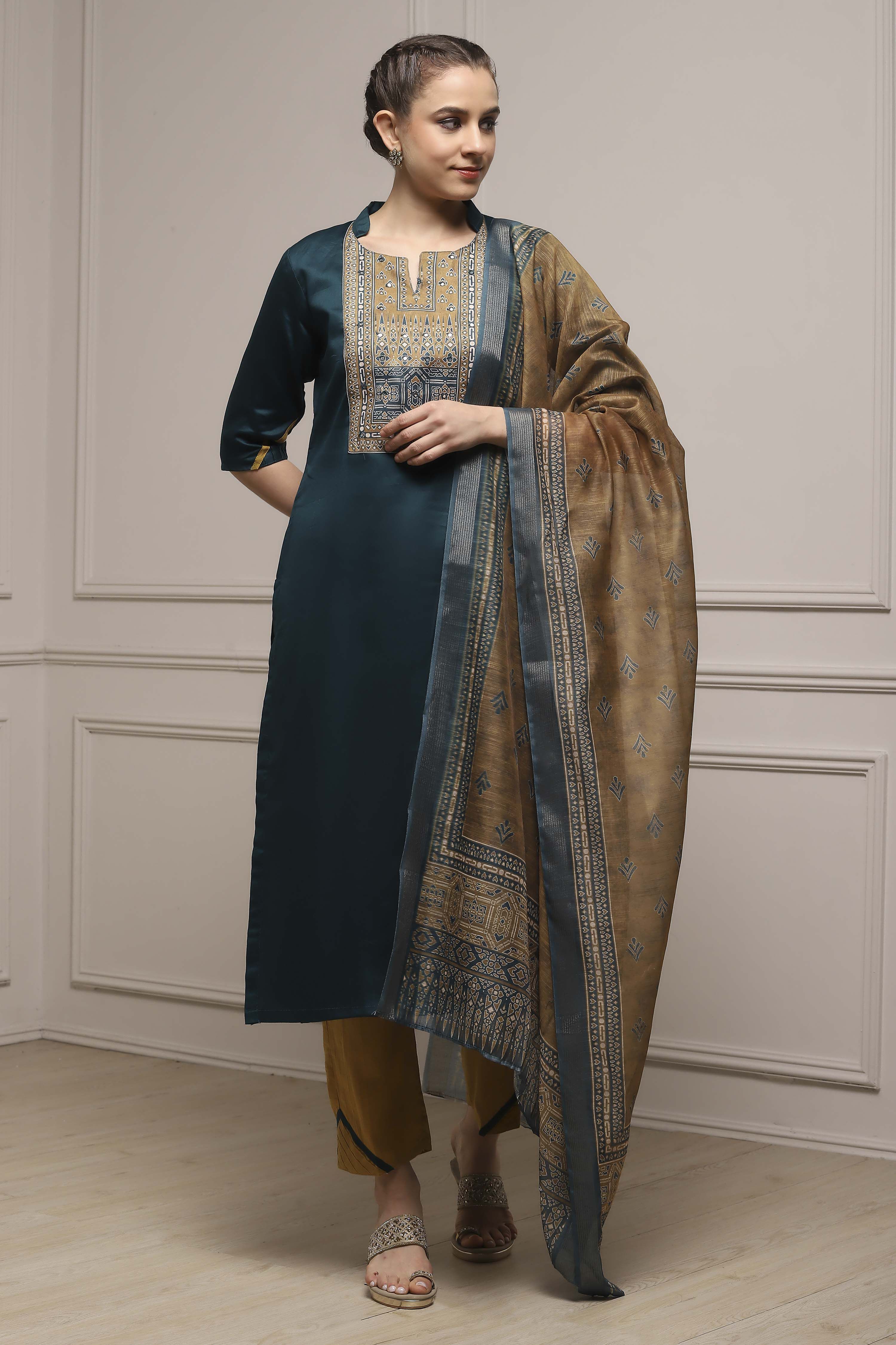 Blue Cotton Printed Embroidered Unstitched Suit Set image number 1