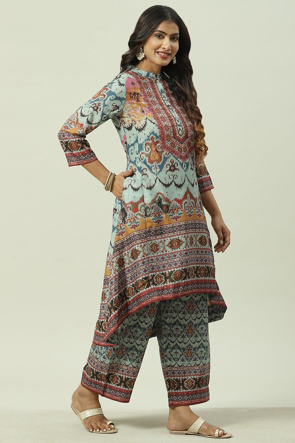 Beige Cotton Blend Asymmetric Printed Kurta Suit Set image number 5