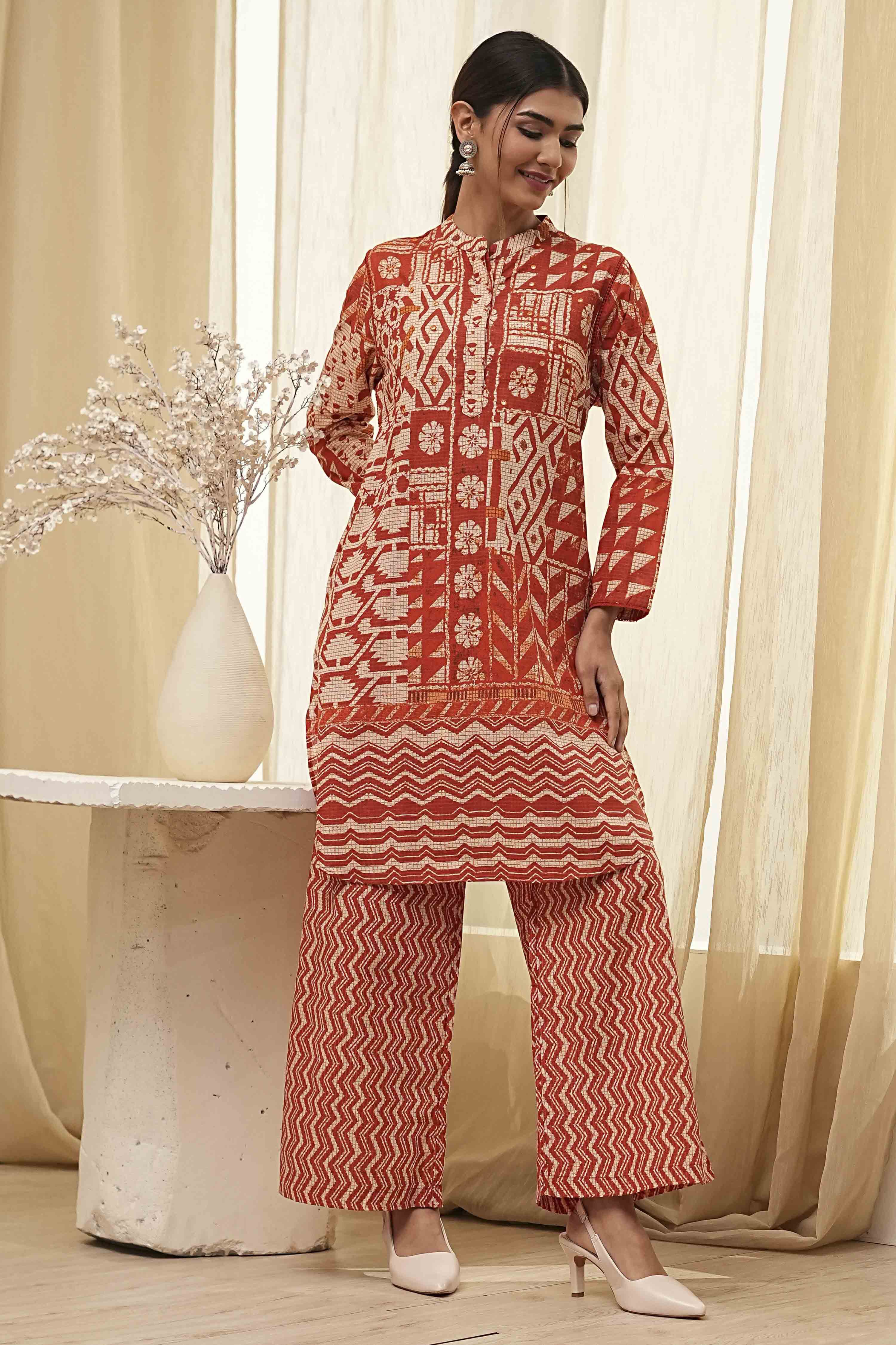Rust Pure Cotton Printed Kurta Set image number 0