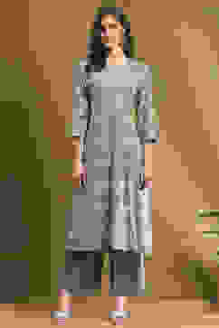 Grey Printed Festive A-line Suit Set image number 6