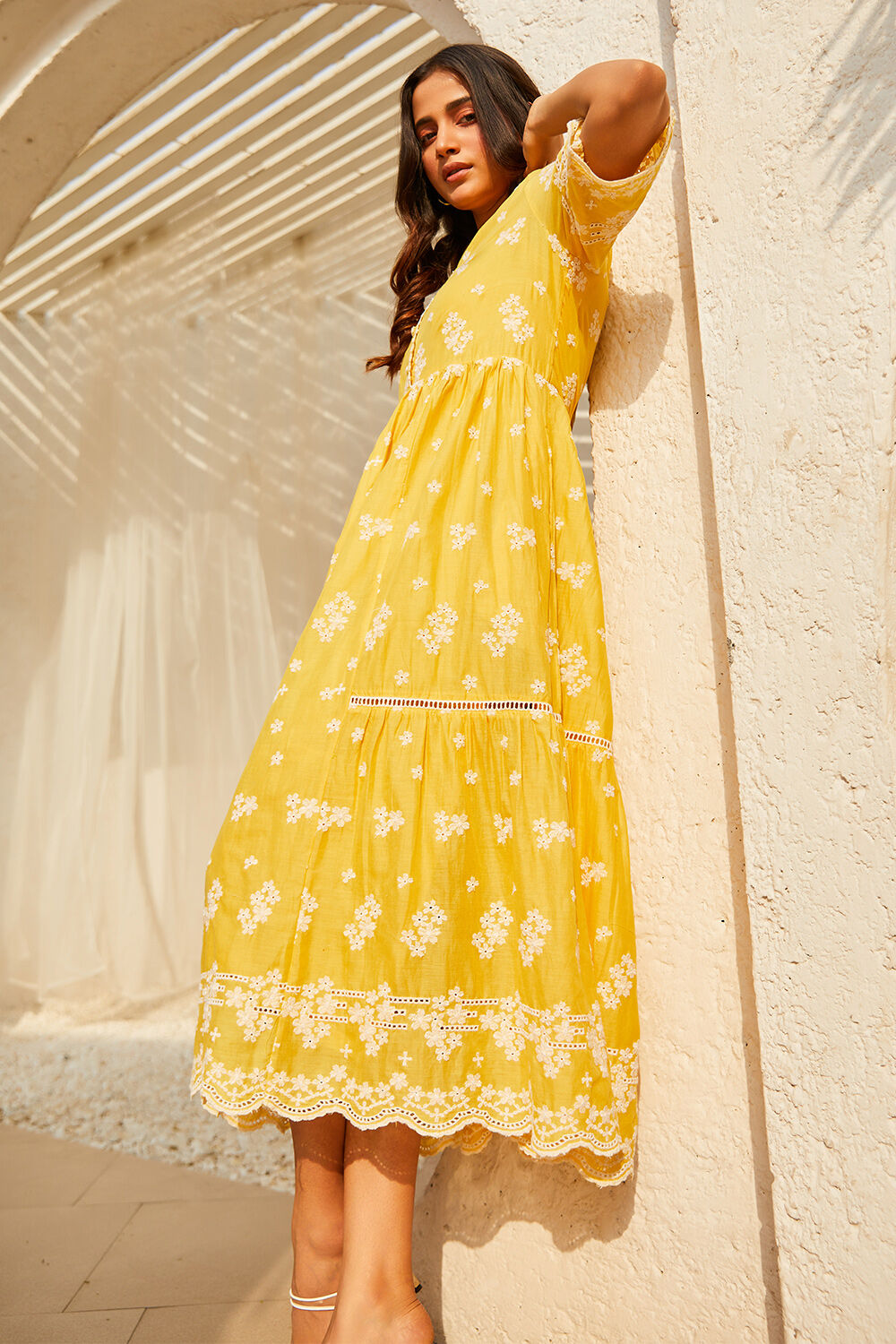 Yellow Cotton Embroidered Tiered Dress image number 7