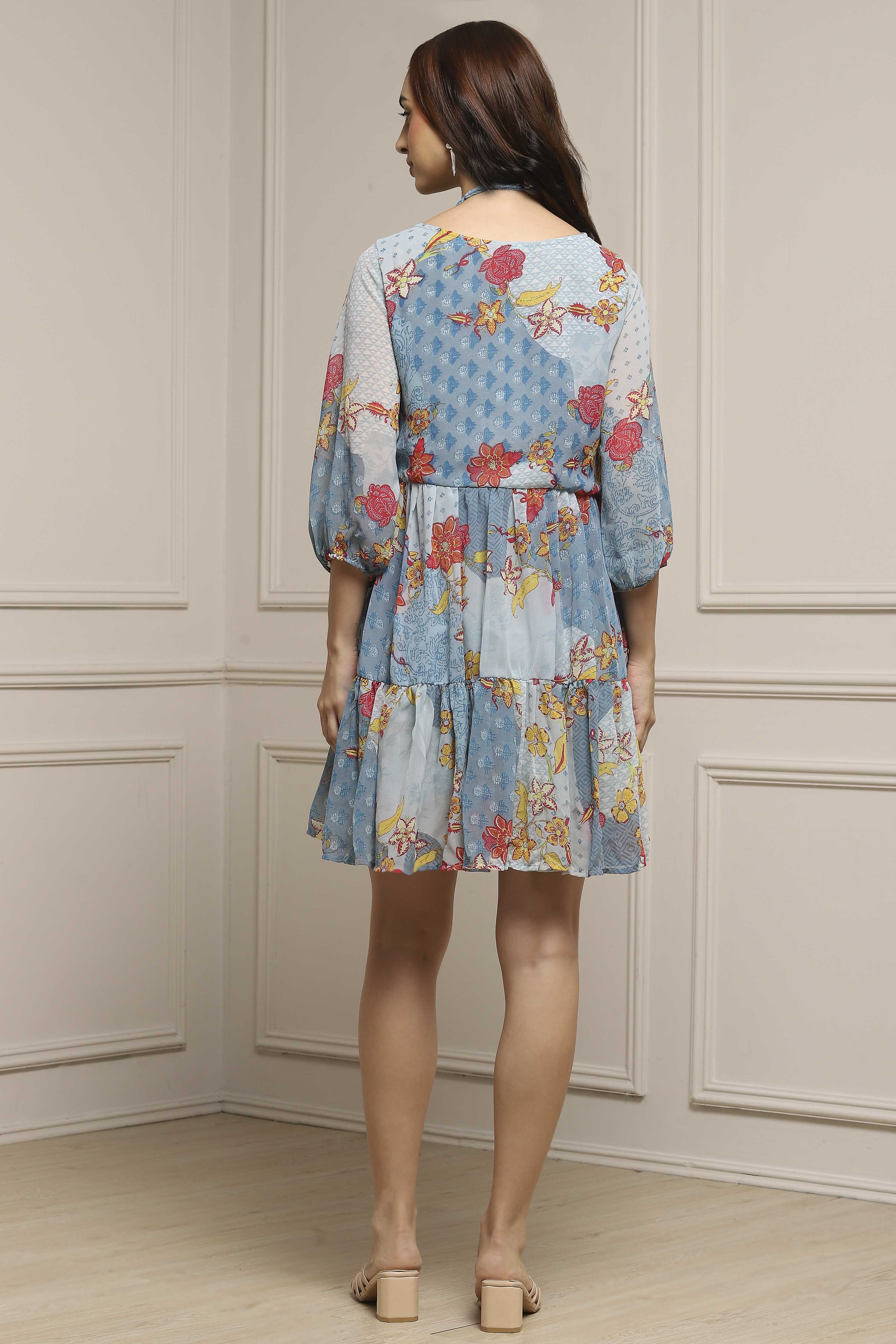 Blue Polyester Tiered Dress image number 3