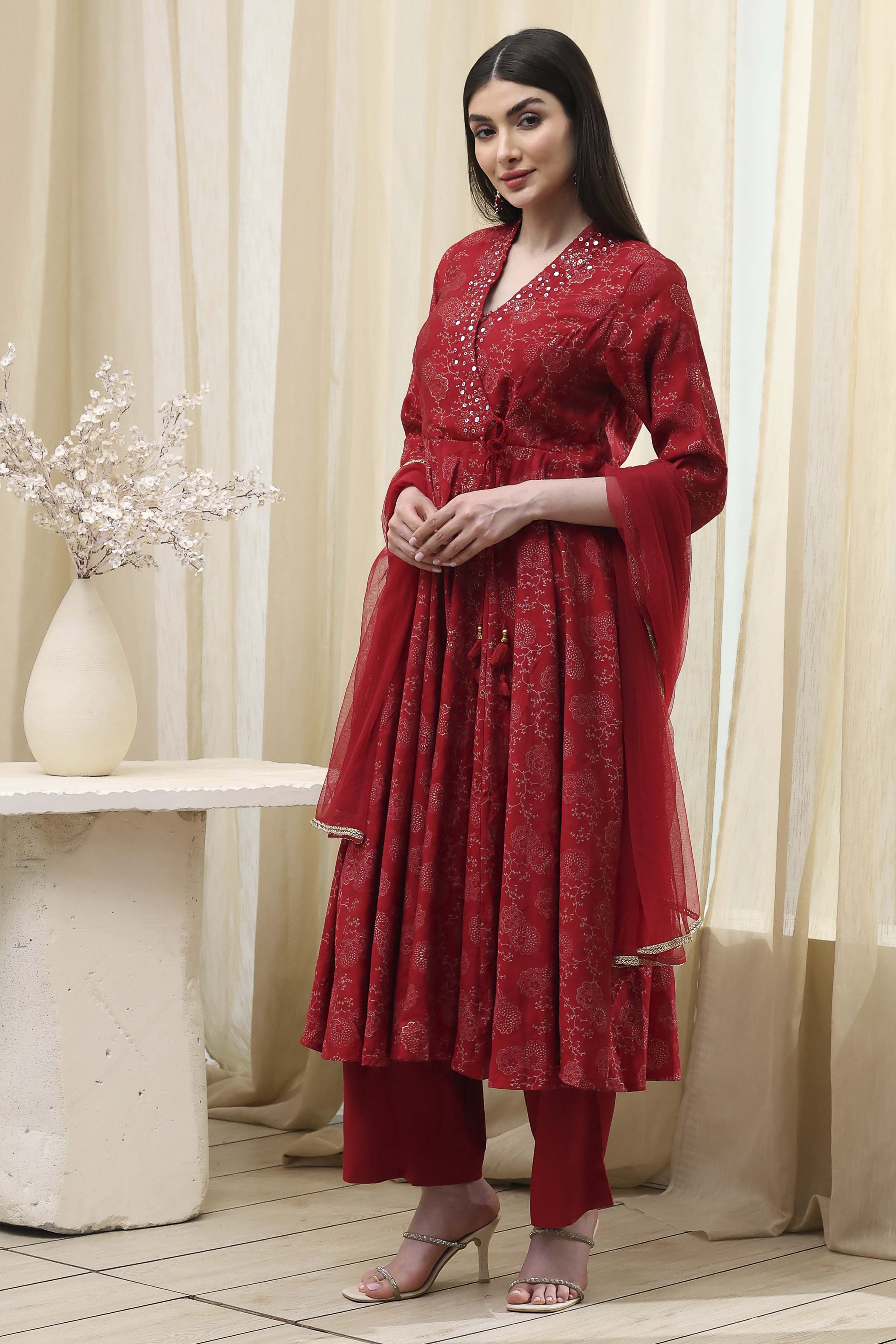 Red Printed Angrakha Style Anarkali Suit Set image number 3