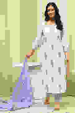 White and Blue Cotton Screen Print Unstitched Suit Set image number 1