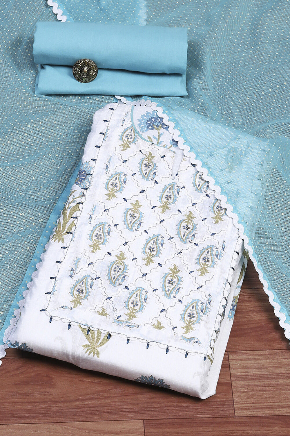Blue and White Printed Cotton Unstitched Suit Set image number 0