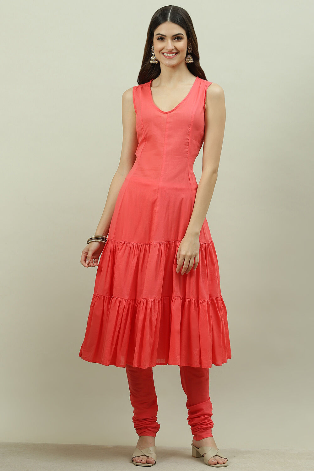 Coral Printed Layered Kurta Churidar Suit Set image number 3