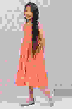 Orange Art Silk Tiered Printed Kurta image number 2