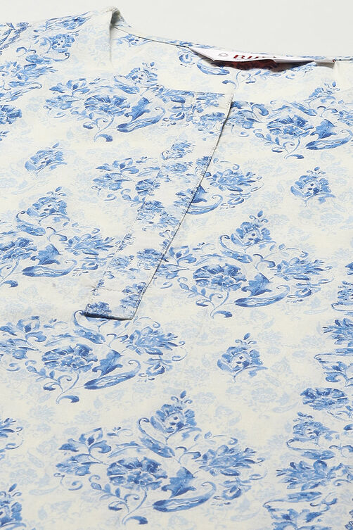 Off-White and Blue Cotton Floral Straight Suit Set image number 1