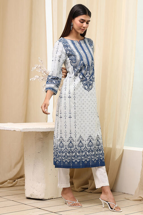 Blue Cotton Printed Straight Kurta image number 4