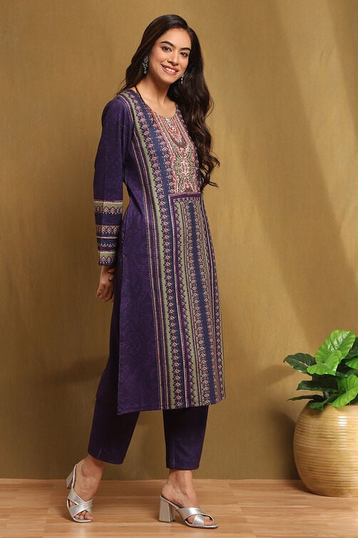 Purple Polyester Blend Straight Kurta Pants Set image number 5